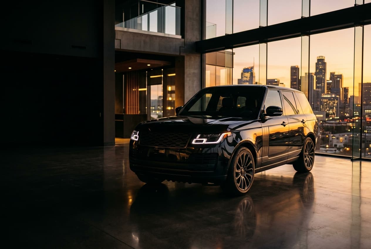 Black luxury SUV inside a glass showroom at sunset, city skyline behind