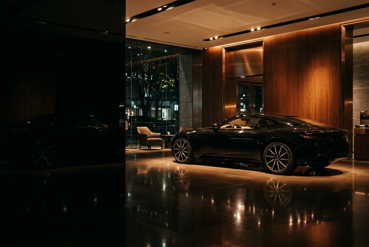 Black grand-tourer coupe under warm spotlights in a dark wood-panelled showroom
